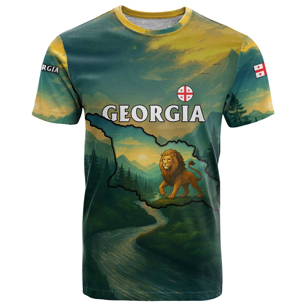 Georgia T-Shirt with Green Mountain Landscape with Map Outline Lion and Legends Rise Quote Design Graphic Tee