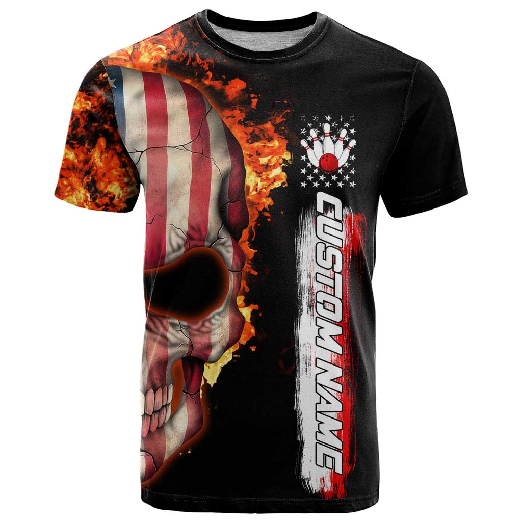 American Flag Skull Design T-Shirt with Bowling Elements and Fire Background with Custom Team Name Text Graphic Tee