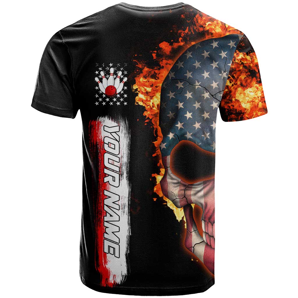 American Flag Skull Design T-Shirt with Bowling Elements and Fire Background with Custom Team Name Text Graphic Tee