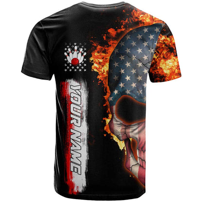 American Flag Skull Design T-Shirt with Bowling Elements and Fire Background with Custom Team Name Text Graphic Tee