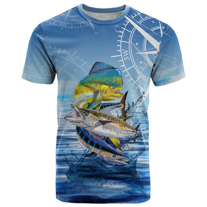 Mahi Mahi and Tuna Fish T-Shirt Fishing Ocean Water Background and Nautical Compass Elements Graphic Tee
