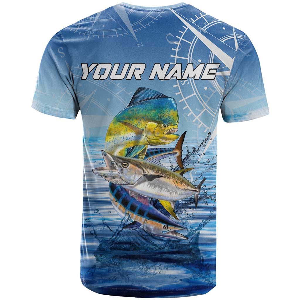Mahi Mahi and Tuna Fish T-Shirt Fishing Ocean Water Background and Nautical Compass Elements Graphic Tee