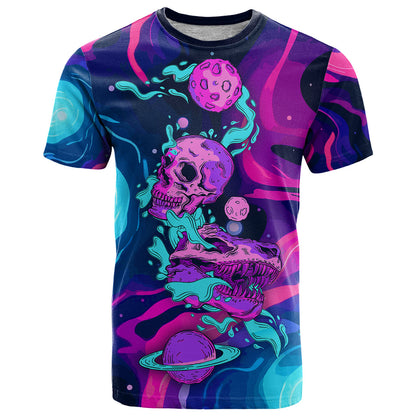 Space Skull T-Shirt Skeleton Color Neon Paint On Space Graphic Tee