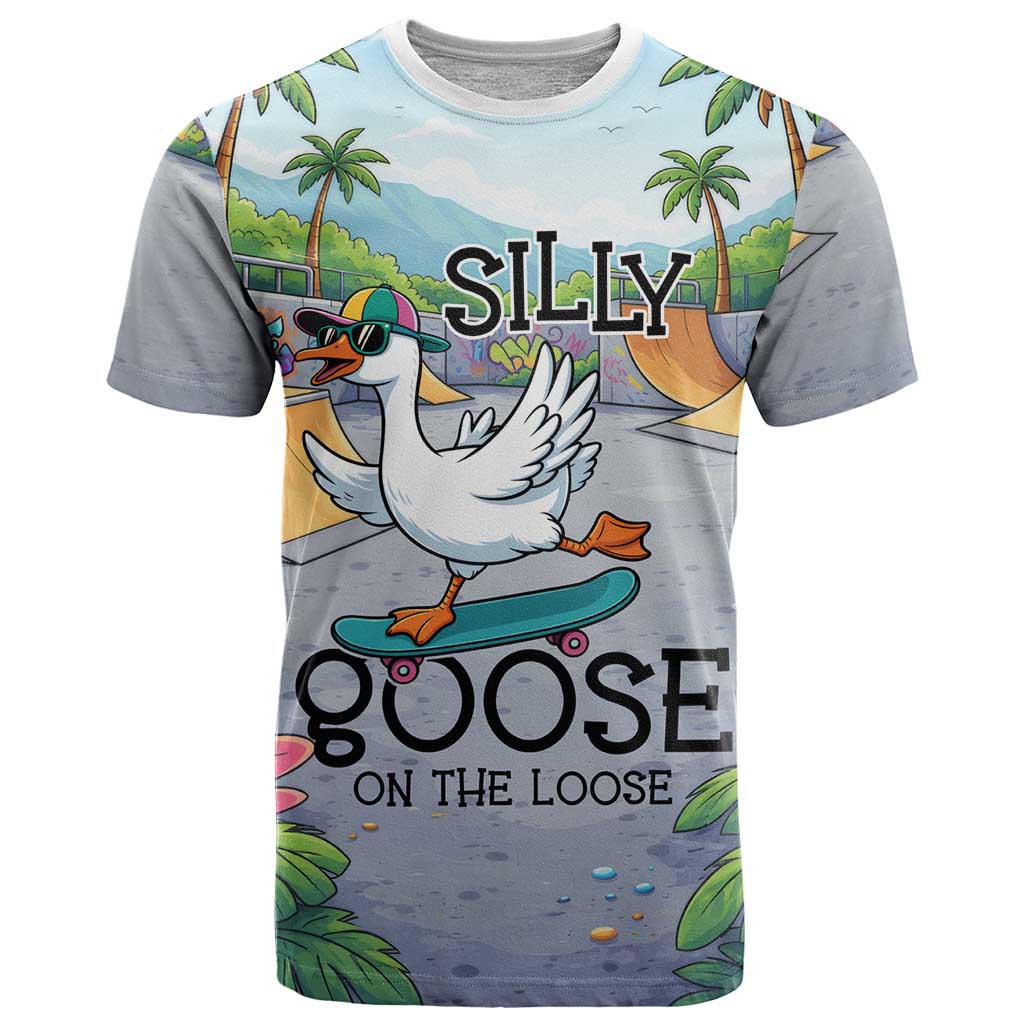 Funny Silly Goose on The Loose T-Shirt with Skateboard and Palm Trees Graphic Tee