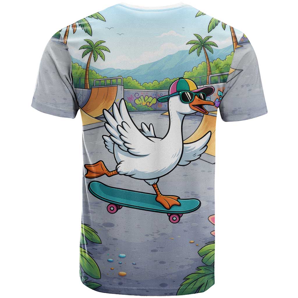 Funny Silly Goose on The Loose T-Shirt with Skateboard and Palm Trees Graphic Tee
