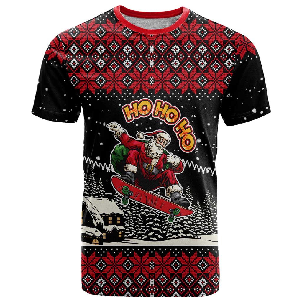 Skater Santa Claus Ho Ho Ho Christmas T-Shirt Xmas Holiday Patterns Graphic Tee