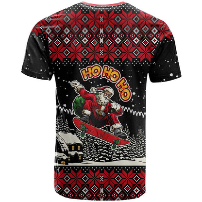 Skater Santa Claus Ho Ho Ho Christmas T-Shirt Xmas Holiday Patterns Graphic Tee
