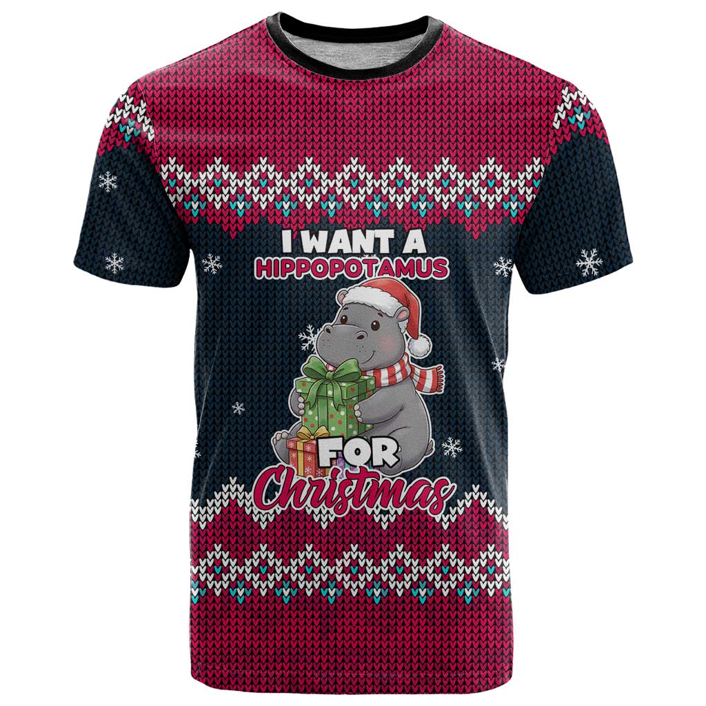 I Want A Hippopotamus Christmas Design T-Shirt Xmas Holiday Patterns Graphic Tee