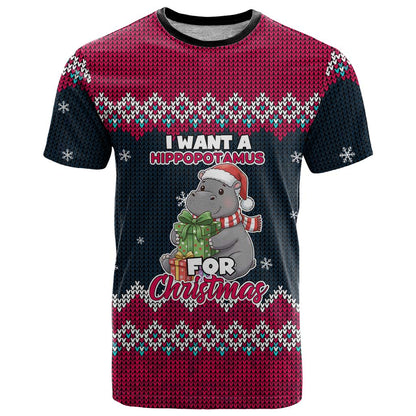 I Want A Hippopotamus Christmas Design T-Shirt Xmas Holiday Patterns Graphic Tee