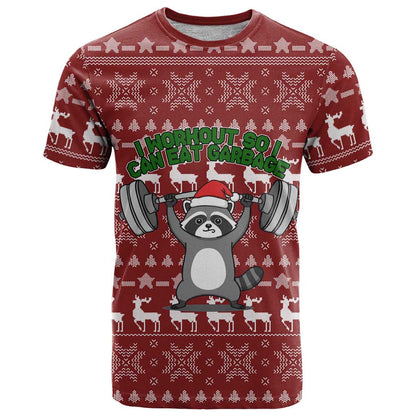 I Workout So I Can Eat Garbage Christmas Design T-Shirt Xmas Holiday Patterns Graphic Tee