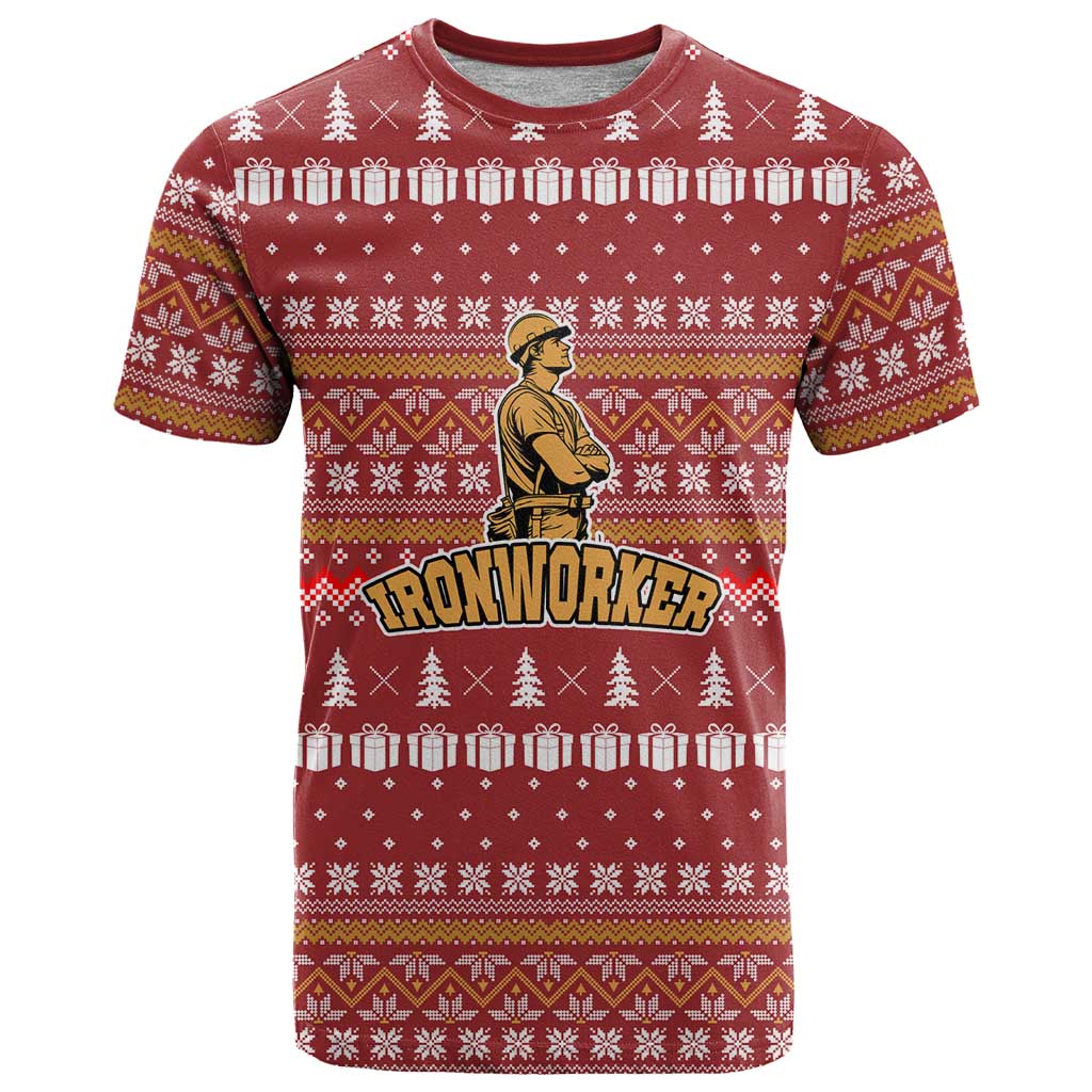 Christmas Ironworker American Flag T-Shirt Xmas Holiday Patterns Graphic Tee