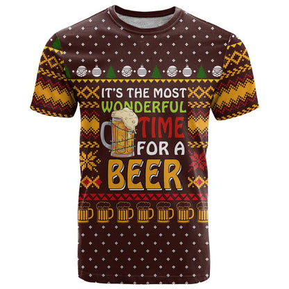 Christmas Its The Most Wonderful Time For A Beer T-Shirt Xmas Holiday Patterns Graphic Tee