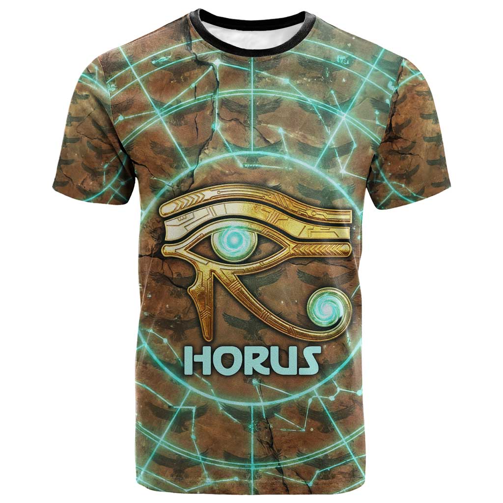 Horus Eye of Ra T-Shirt Golden Falcon Ancient Egyptian Symbol in Futuristic Graphic Tee