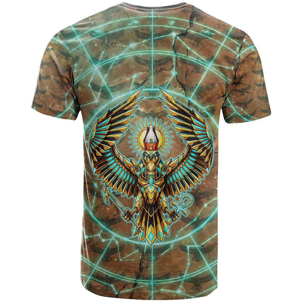 Horus Eye of Ra T-Shirt Golden Falcon Ancient Egyptian Symbol in Futuristic Graphic Tee