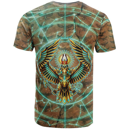 Horus Eye of Ra T-Shirt Golden Falcon Ancient Egyptian Symbol in Futuristic Graphic Tee