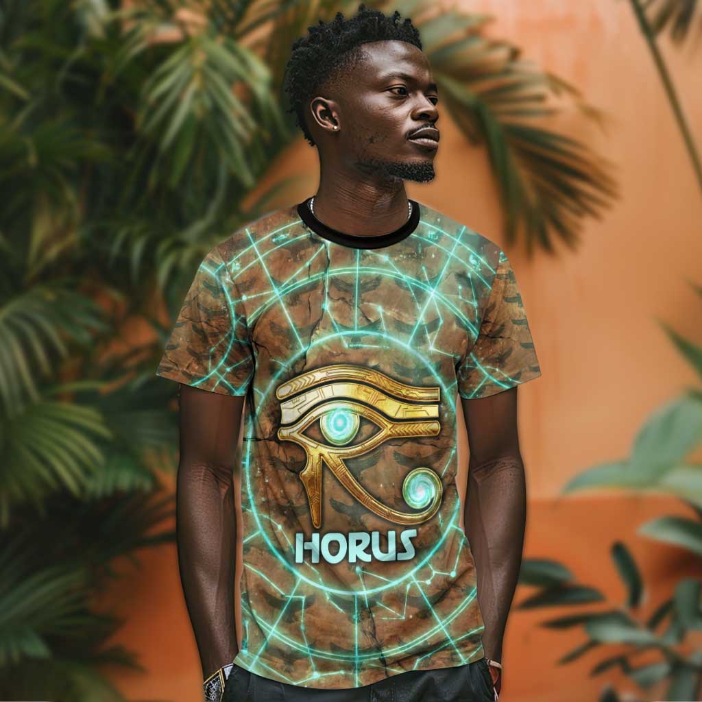 Horus Eye of Ra T-Shirt Golden Falcon Ancient Egyptian Symbol in Futuristic Graphic Tee