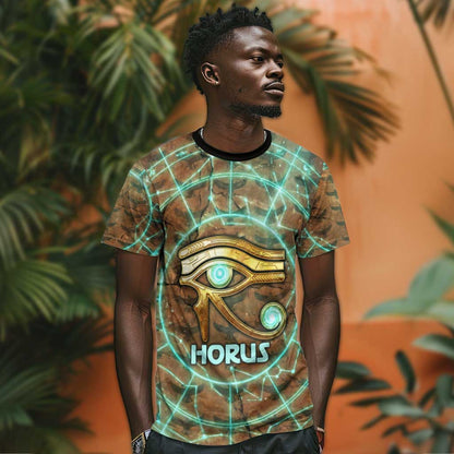Horus Eye of Ra T-Shirt Golden Falcon Ancient Egyptian Symbol in Futuristic Graphic Tee