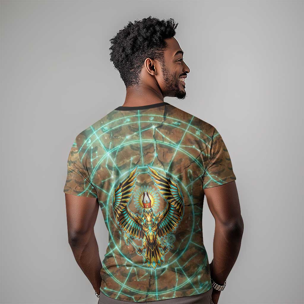 Horus Eye of Ra T-Shirt Golden Falcon Ancient Egyptian Symbol in Futuristic Graphic Tee