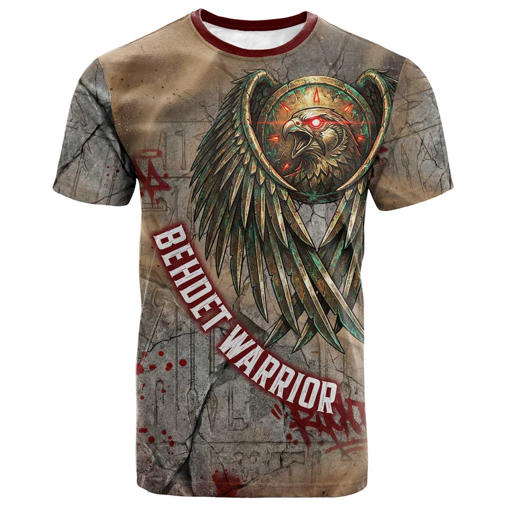 Horus Behdety Warrior T-Shirt with Falcon Mask and Spear Ancient Egyptian Combat Graphic Tee