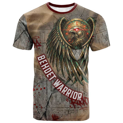 Horus Behdety Warrior T-Shirt with Falcon Mask and Spear Ancient Egyptian Combat Graphic Tee