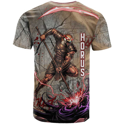 Horus Behdety Warrior T-Shirt with Falcon Mask and Spear Ancient Egyptian Combat Graphic Tee