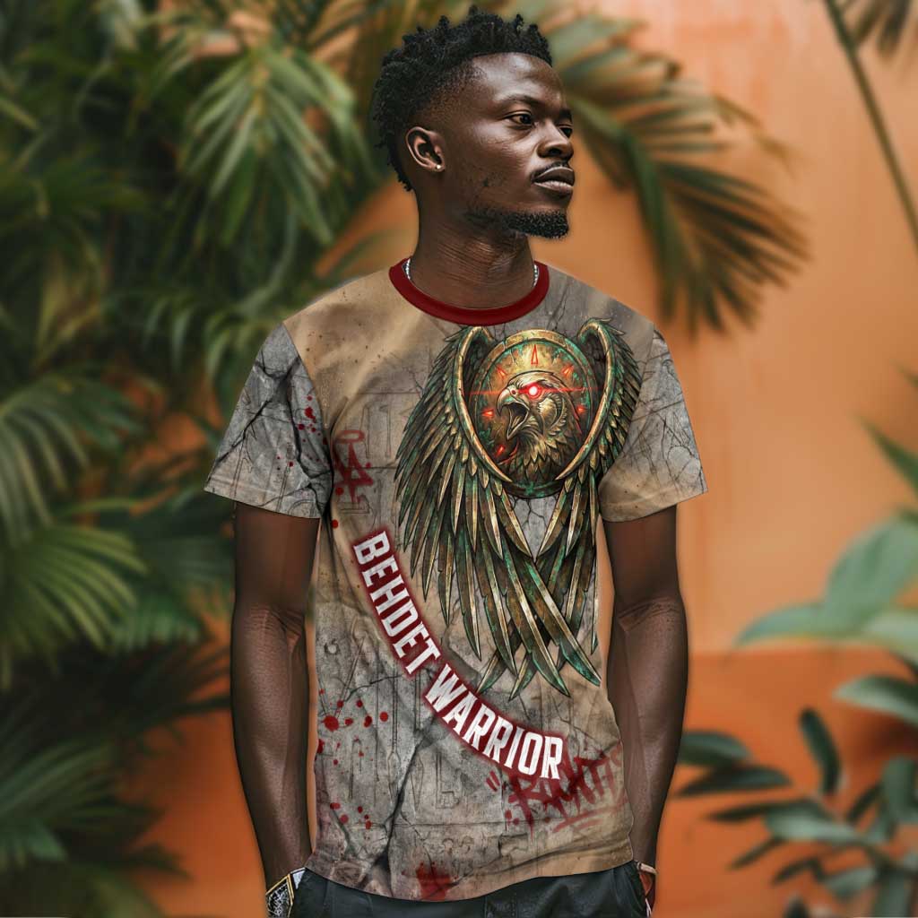 Horus Behdety Warrior T-Shirt with Falcon Mask and Spear Ancient Egyptian Combat Graphic Tee