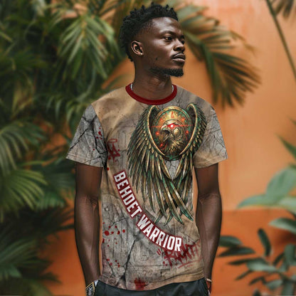 Horus Behdety Warrior T-Shirt with Falcon Mask and Spear Ancient Egyptian Combat Graphic Tee