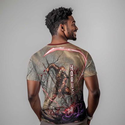 Horus Behdety Warrior T-Shirt with Falcon Mask and Spear Ancient Egyptian Combat Graphic Tee