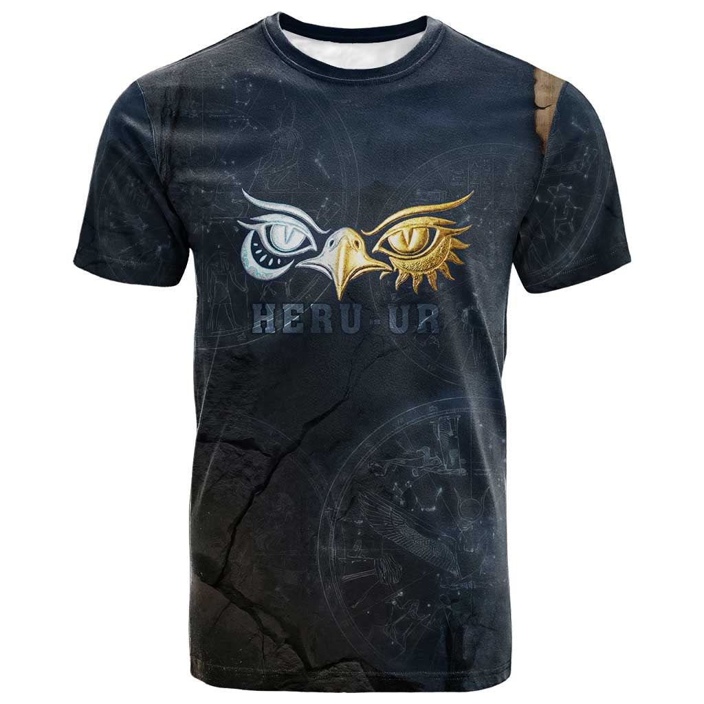 Heru-Ur Falcon Eyes T-Shirt Solar Disk Ancient Egyptian Mythology in Dark Stone Graphic Tee
