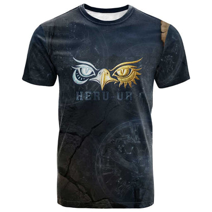 Heru-Ur Falcon Eyes T-Shirt Solar Disk Ancient Egyptian Mythology in Dark Stone Graphic Tee