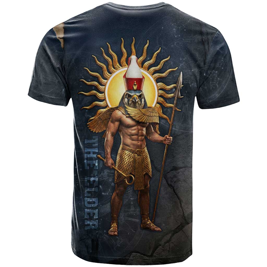 Heru-Ur Falcon Eyes T-Shirt Solar Disk Ancient Egyptian Mythology in Dark Stone Graphic Tee