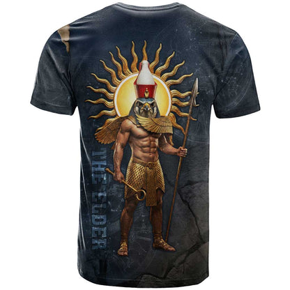 Heru-Ur Falcon Eyes T-Shirt Solar Disk Ancient Egyptian Mythology in Dark Stone Graphic Tee