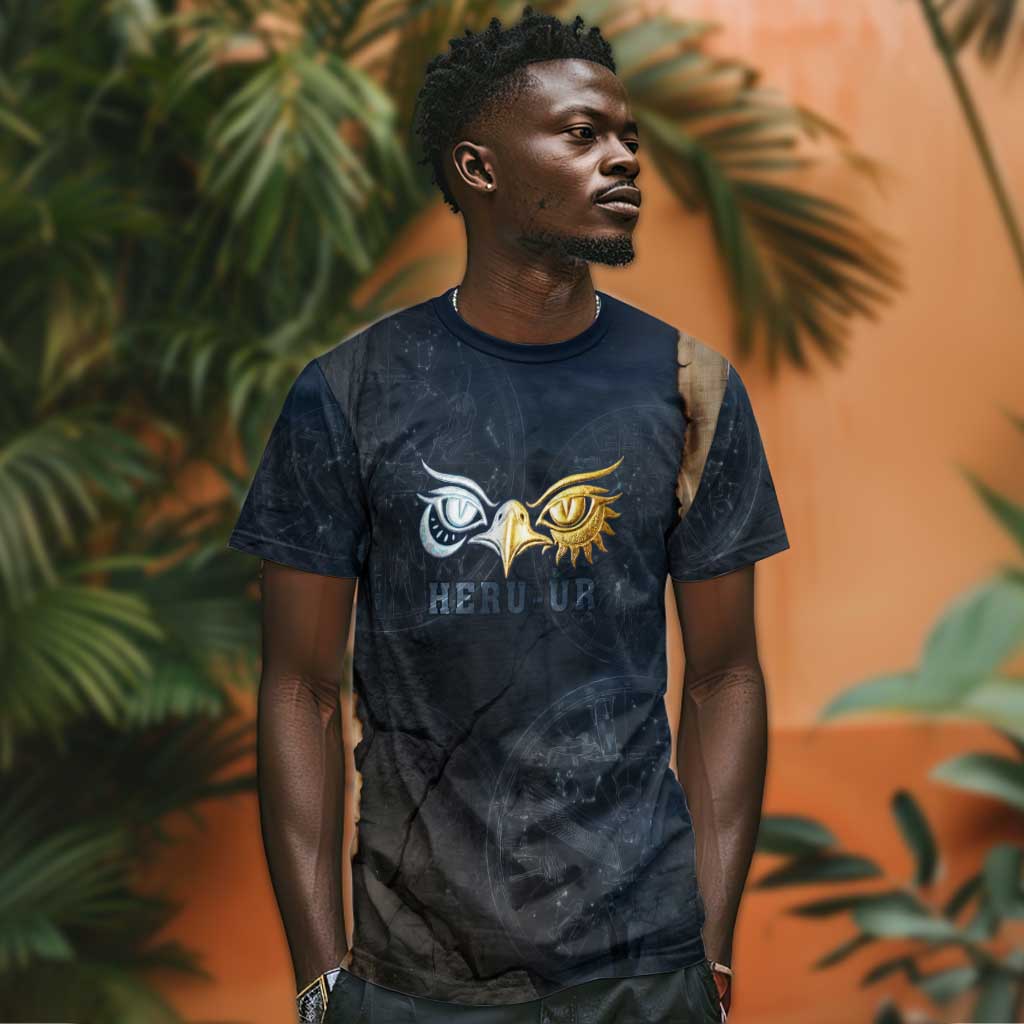 Heru-Ur Falcon Eyes T-Shirt Solar Disk Ancient Egyptian Mythology in Dark Stone Graphic Tee