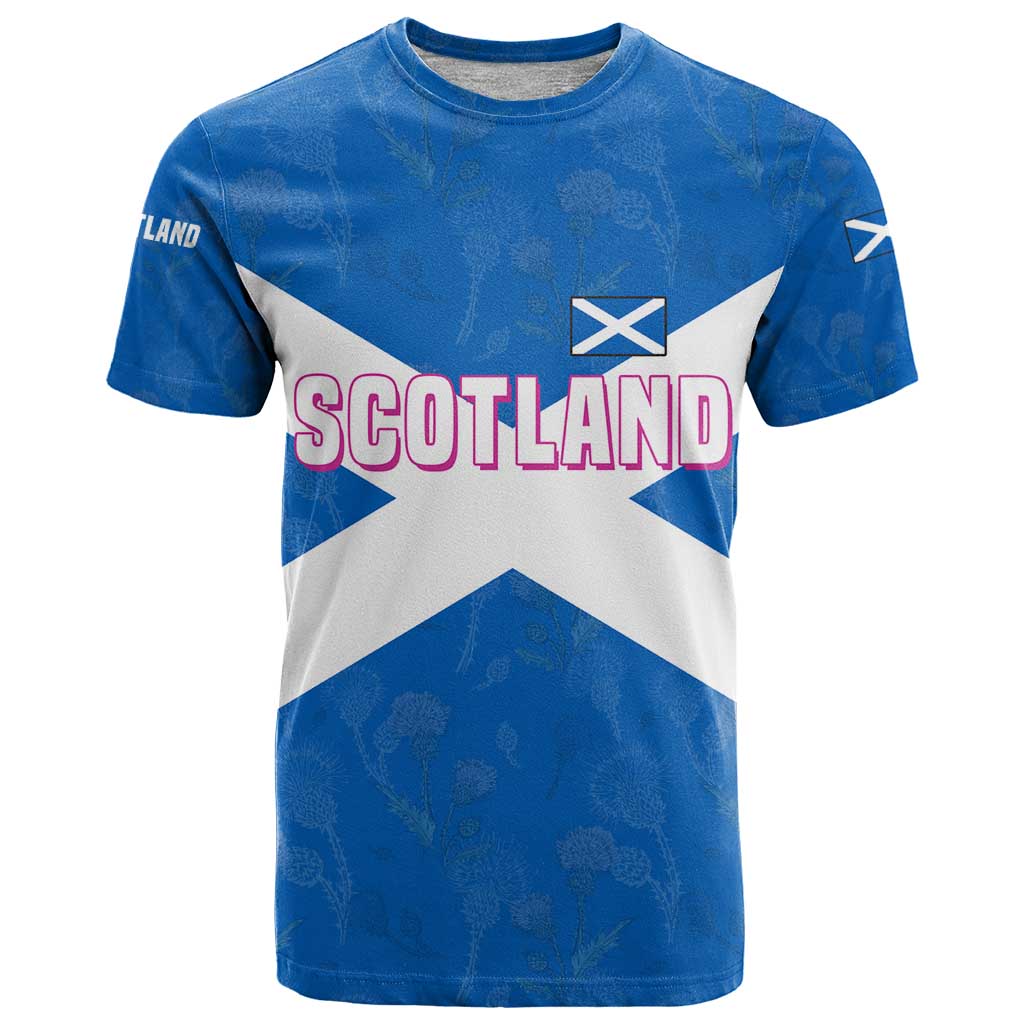 Scotland T-Shirt with Blue Saltire Flag with Thistle Flowers Highland Landscape and Land of Thistle and Stone Graphic Tee