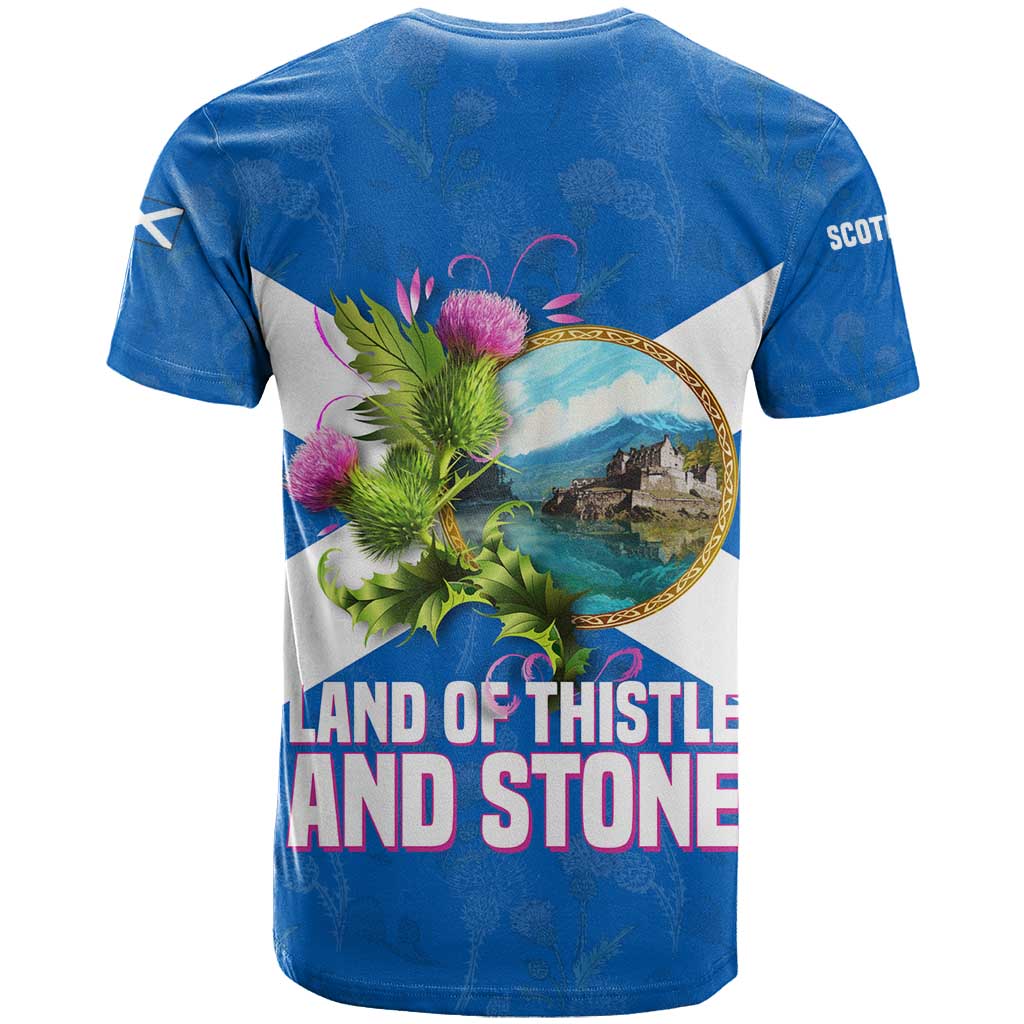Scotland T-Shirt with Blue Saltire Flag with Thistle Flowers Highland Landscape and Land of Thistle and Stone Graphic Tee