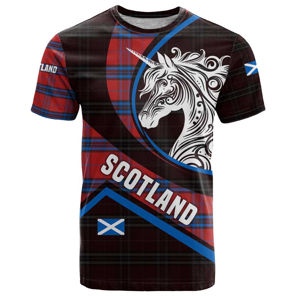 Scotland T-Shirt with Red Blue Tartan Pattern with Unicorn Illustration Saltire Flag and Where Tartan Meets Myth Quote Design Graphic Tee