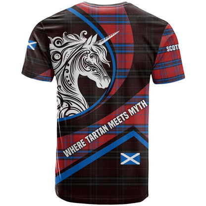 Scotland T-Shirt with Red Blue Tartan Pattern with Unicorn Illustration Saltire Flag and Where Tartan Meets Myth Quote Design Graphic Tee