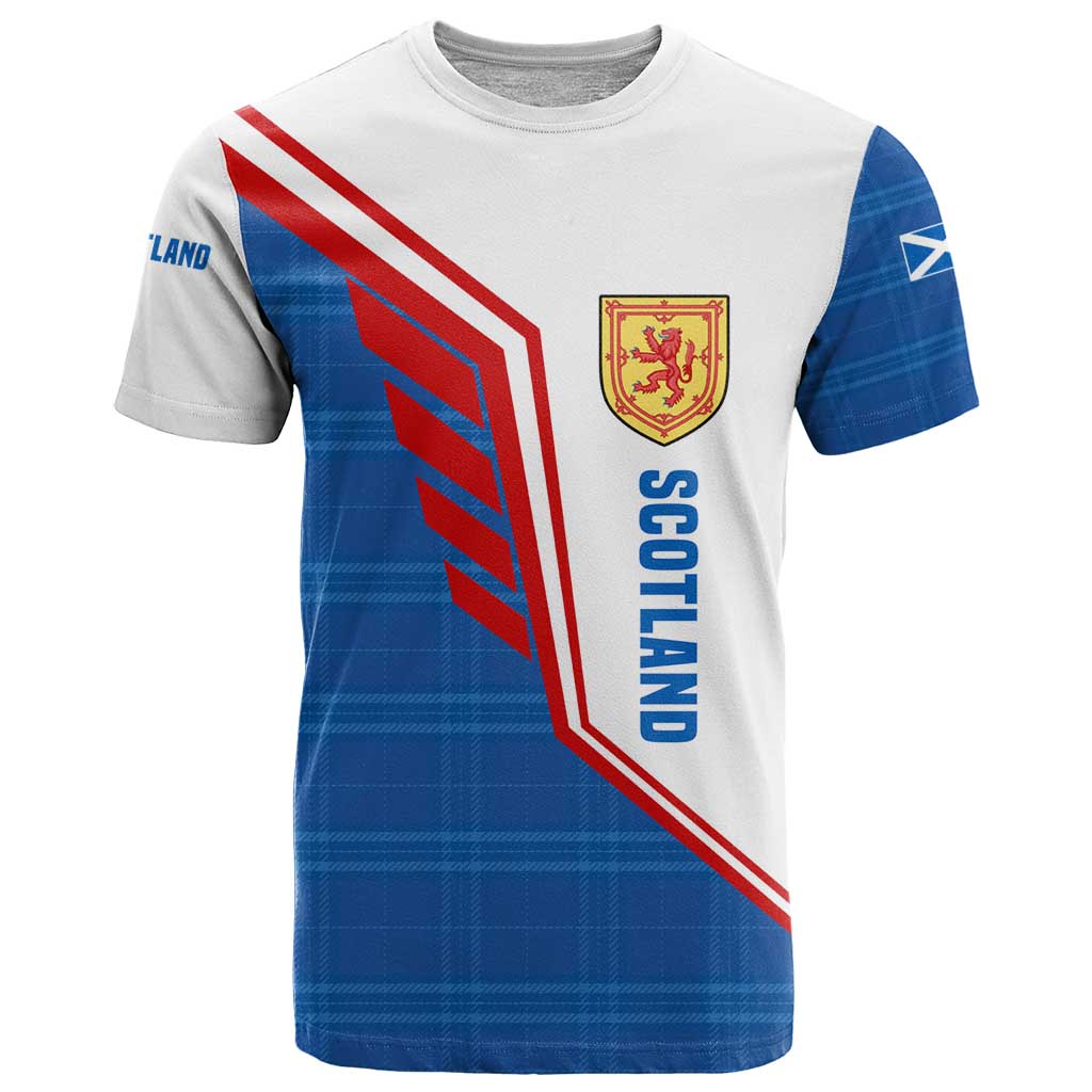 Scotland Blue Tartan T-Shirt with Crest and Saltire Shield Design Graphic Tee