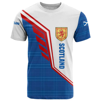 Scotland Blue Tartan T-Shirt with Crest and Saltire Shield Design Graphic Tee