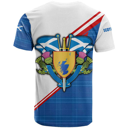 Scotland Blue Tartan T-Shirt with Crest and Saltire Shield Design Graphic Tee