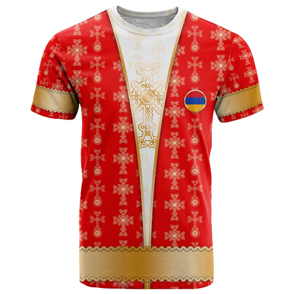 Armenian Traditional Red T-Shirt with Gold Cross Pattern and Flag Crest Graphic Tee