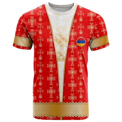 Armenian Traditional Red T-Shirt with Gold Cross Pattern and Flag Crest Graphic Tee