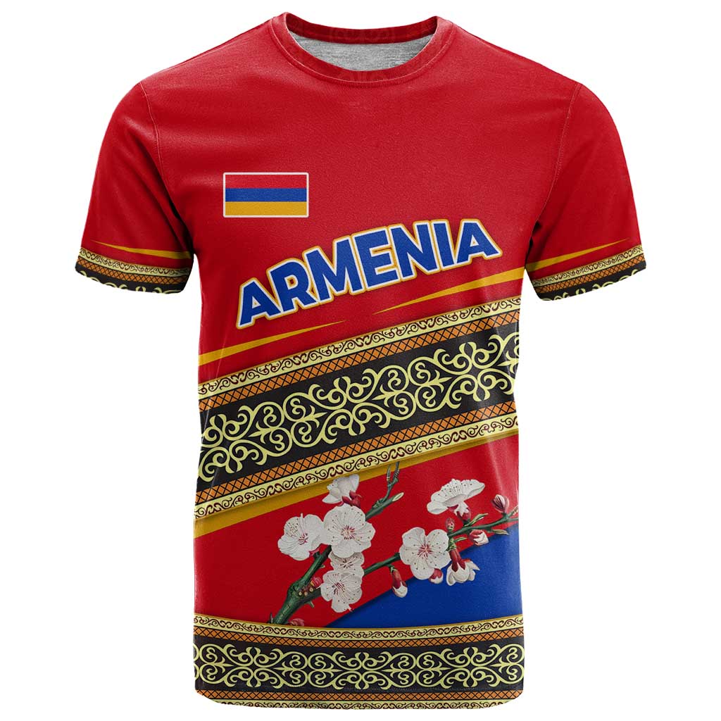 Armenia Traditional Pattern T-Shirt with Floral Motif and National Flag Design Graphic Tee