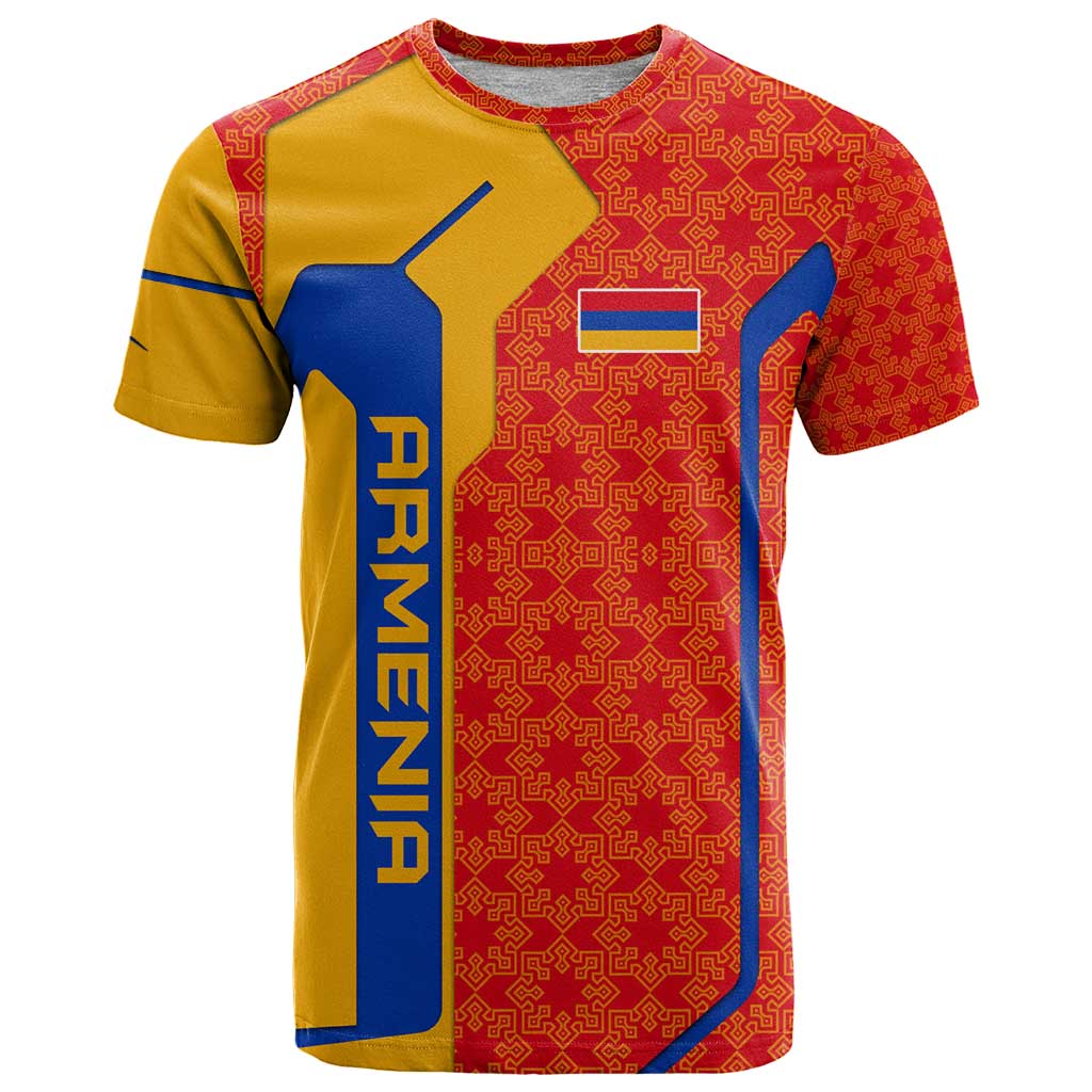 Armenia Flag-Inspired T-Shirt with Ornamental Cross and Geometric Pattern Design Graphic Tee