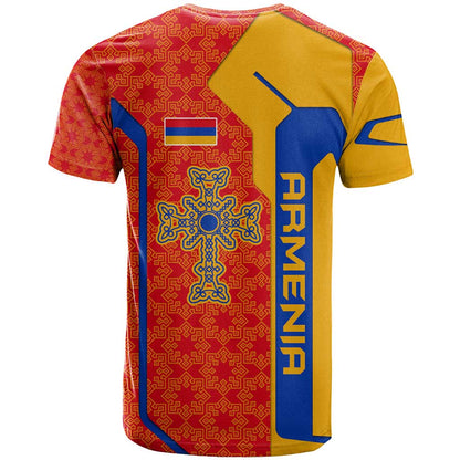 Armenia Flag-Inspired T-Shirt with Ornamental Cross and Geometric Pattern Design Graphic Tee