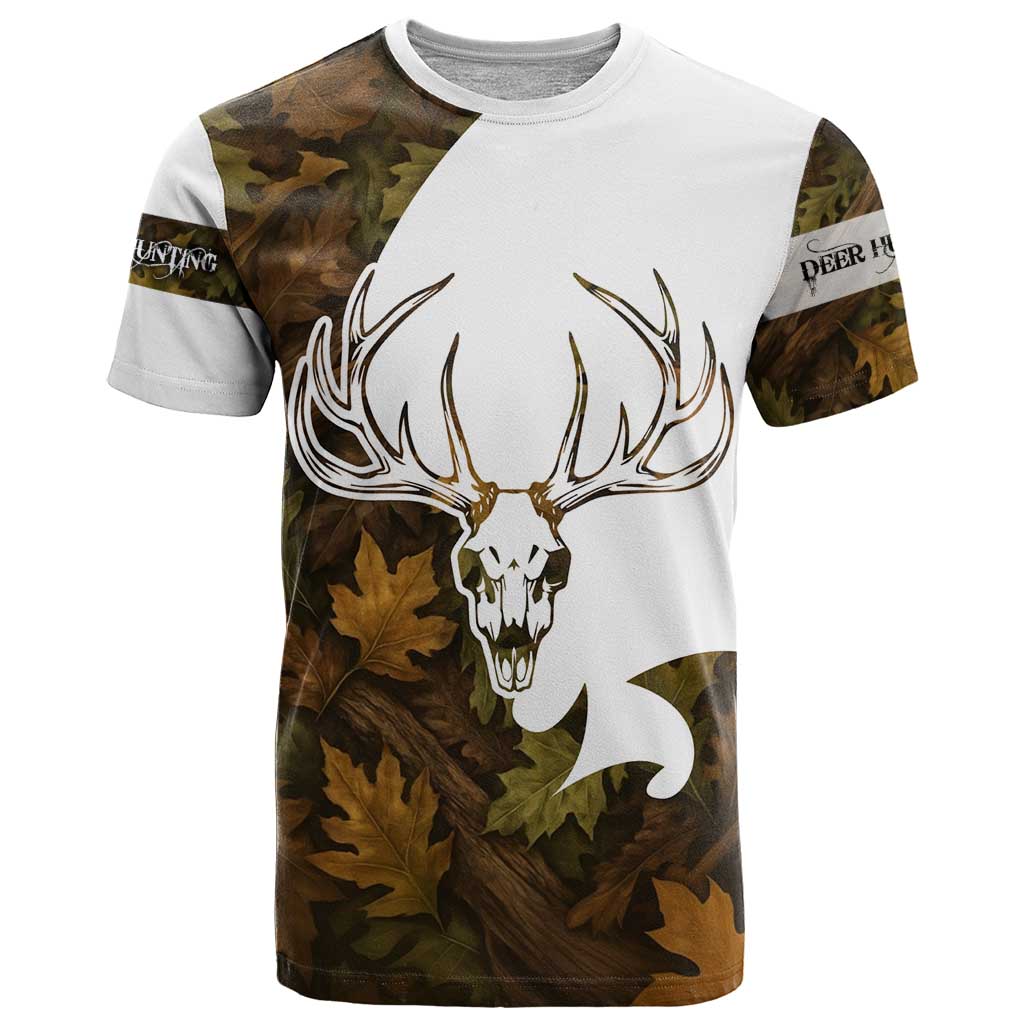 Custom Deer Hunting Skull T-Shirt with Antlers Graphic on Autumn Leaf Camo Background Graphic Tee