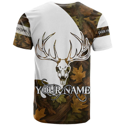 Custom Deer Hunting Skull T-Shirt with Antlers Graphic on Autumn Leaf Camo Background Graphic Tee
