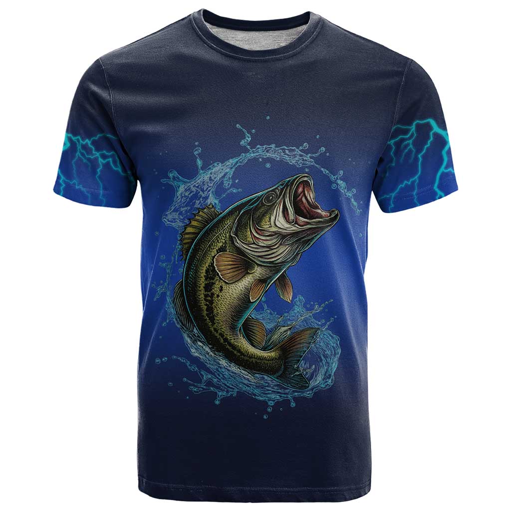 Custom Jumping Bass Fishing T-Shirt with Water Splash and Lightning Background Graphic Tee