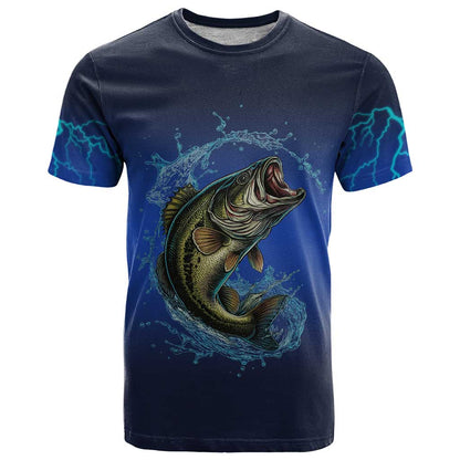 Custom Jumping Bass Fishing T-Shirt with Water Splash and Lightning Background Graphic Tee