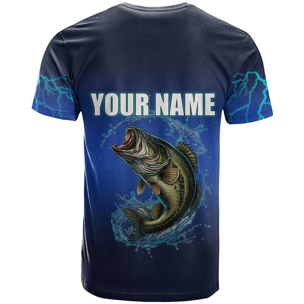 Custom Jumping Bass Fishing T-Shirt with Water Splash and Lightning Background Graphic Tee